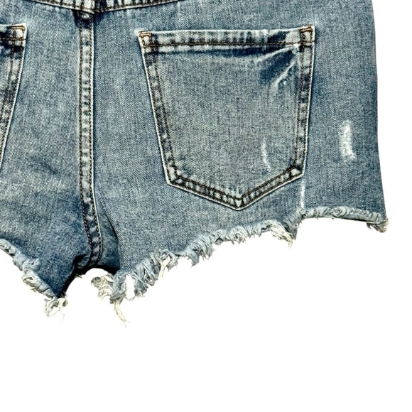 Free People Distressed High Rise Step Hem Button Fly Cutoff Frayed Hem Shorts - Picture 6 of 9
